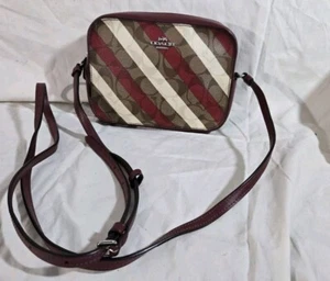 Coach Burgundy Cream Khaki Signature Stripe Mini Camera Crossbody Bag C1387 - Picture 1 of 12