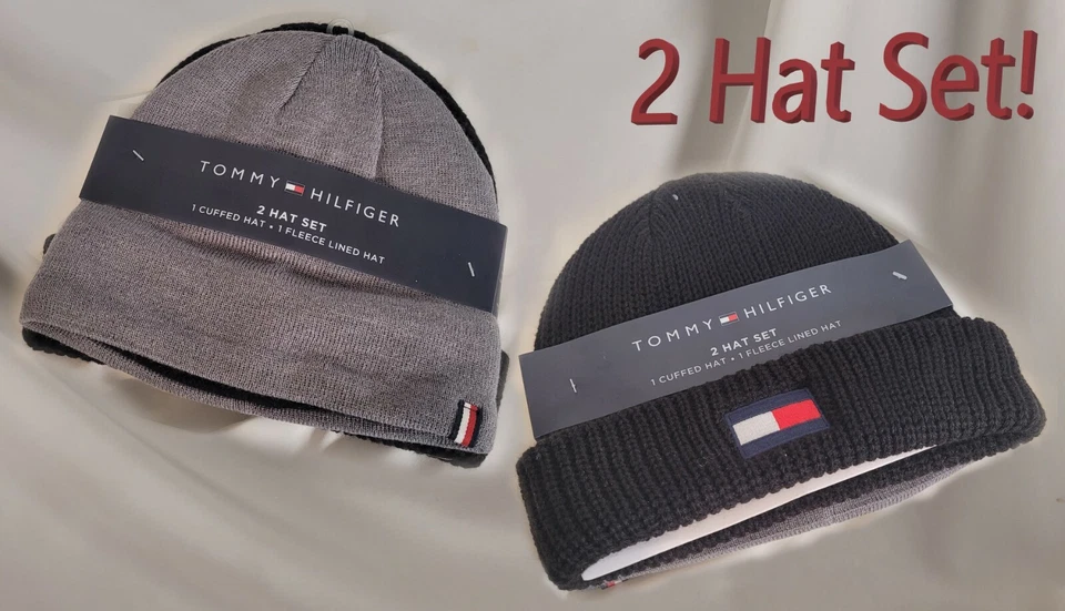 Tommy Hilfiger 2 PK Fleece Lined Grey/one Cuffed Knit Black Hat Beanie A9