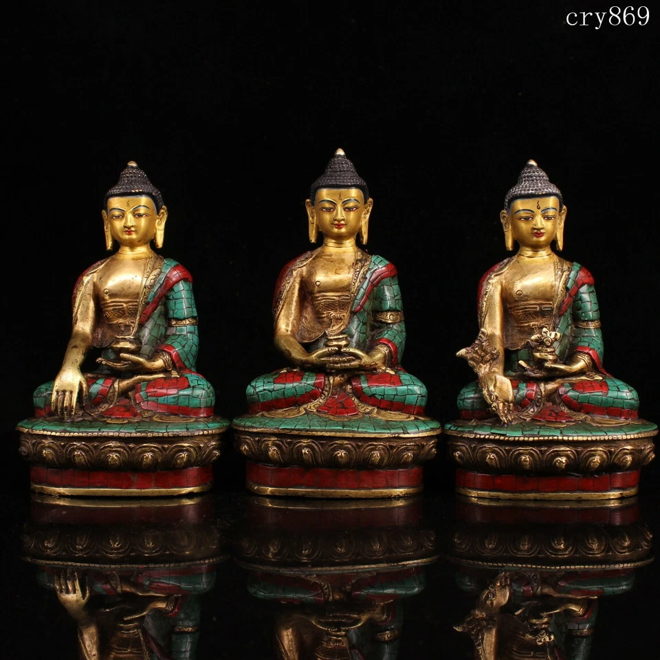 un conjunto colección Tíbet antiguo cobre puro con incrustaciones de gemas Tres santos Budas Foto 1 de 4