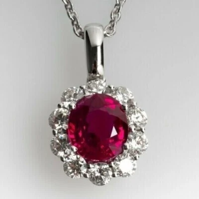 2.00Ct Oval Cut Red Ruby & Diamond Halo Pendant 14k White Gold Finish Free Chain - Image 1 of 4