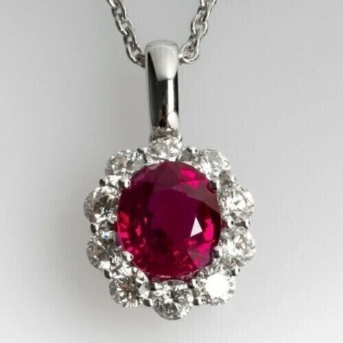 2.00Ct Oval Cut Red Ruby & Diamond Halo Pendant 14k White Gold Finish Free Chain - Image 1 of 4