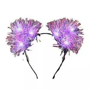 White LED Tinsel Fluffy Cat Ears Headband - Picture 1 of 1
