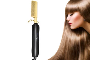 Piastra Per Capelli Lisci A Pettine Oro Effetto Lisciante Spazzola Elettrica - Foto 1 di 6