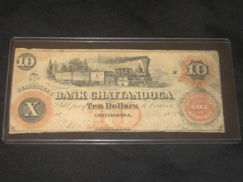1859? $10 Dollars Bank of Chattanooga Tennessee TN Note Memphis w/ Train Cover