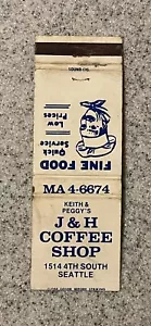 Cubierta de libro de cerillas vintage J & H Coffee Shop Kieth And Peggy Seattle Washington - Imagen 1 de 1