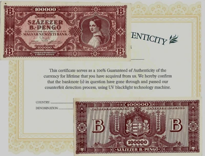 HUNGARY 100000000000000 P-133 1946 B Pengo UNC NOTE World Currency Money UV COA - Image 1 of 3