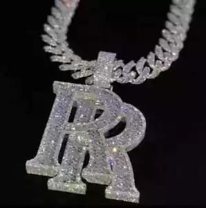 2Ct Real Moissanite Men's Double "R" Pendant 14K White Gold Plated Silver - Picture 1 of 2
