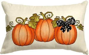 Fall Watercolor Pumpkin Throw Pillow Covers 12x20 inch Polka Dots Bow - Picture 1 of 5