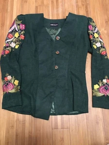 Emerald Green Women’s Linen  Jacket Size Large By Chrissant Embroidered - Picture 1 of 7