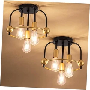 2Pack 3 Light Farmhouse Ceiling Light Fixture Black Gold Industrial Flush - Picture 1 of 8
