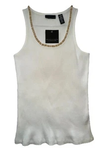 Vintage 90s Y2K Beaded Tank Top Ivory Ribbed Stretch Apostrophe M L - Picture 1 of 5
