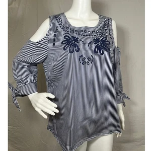 Peck & Peck Embroidered Floral Nautical Striped Cold Shoulder Tie Top Size Large - Picture 1 of 8