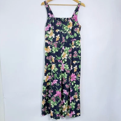 Antiguo Vestido Midi Floral Azul Marino Mezcla Lino Talla Grande Bolsillos Casa Jardín Fiesta Foto 1 de 4