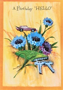 Lote de 3 tarjetas de felicitación de cumpleaños vintage años 60 MCM mediados de siglo flores modernas para automóviles  - Imagen 1 de 7