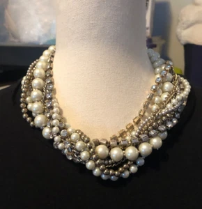LOFT Multi-strand Chain, Faux Pearl, Rhinestone Chunky Statement Necklace - Picture 1 of 9