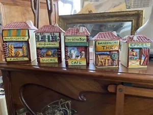 Rare 5 Anciens Pots Epices Farine Sucre Etc - Afbeelding 1 van 10