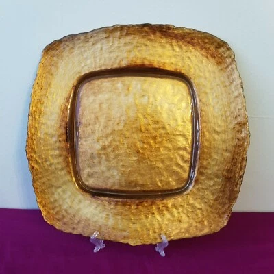 GOLDEN BROWN Glass Platter Square Plate Holiday 12" Serving Party Reverse Paint - Image 1 of 4