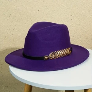 Purple Western Cowboy Cowgirl Hat Felt Wide Brim Fedora with Gold Leaf Accent - Picture 1 of 3