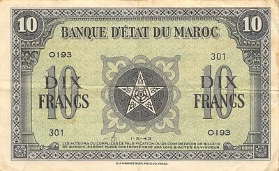 Morocco  10  Francs  1.5.1943  Series O  WW II Issue  Circulated Banknote LBHK - Image 1 of 2