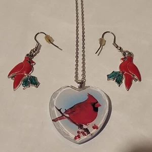 Set Orecchini Invernali Rosso Cardinale Su Goccia E Su Cuore Ciondolo Collana Natale - Foto 1 di 7