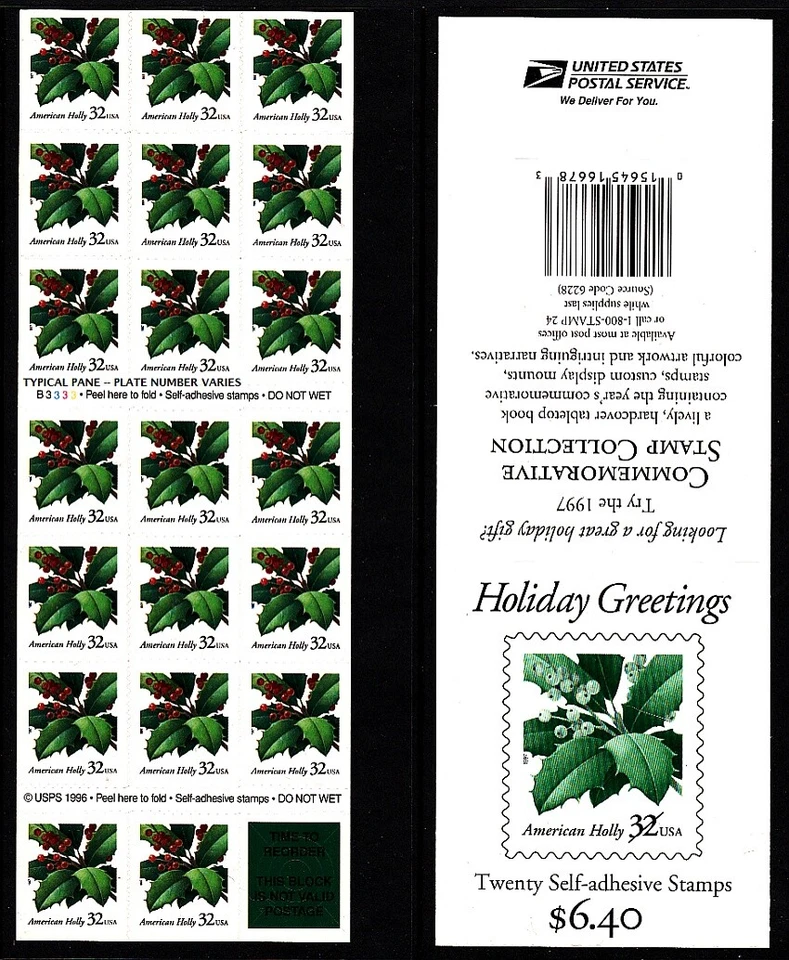 1997 Christmas Holly 32c Sc 3177a MINT booklet of 20 plate number B3333 - Image 1 of 1