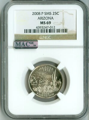 2008 P NGC ARIZONA State Quarter SMS MS69 25c, Rare TOP REGISTRY, MAC, Spotless  - Image 1 of 4