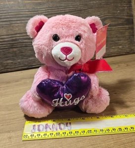 PINK Teddy Bear Holding Heart “HUGS” Adorable 6" Stuffed Animal NEW - Picture 1 of 6