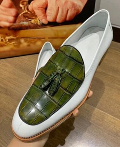 Two Tone Handmade Shoes, Crocodile Moccasin, Leather Slip Ons, Tassel Dress Shoe - Picture 1 of 4