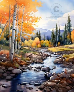 Rocky Mountains Colorado Watercolor Art Print, Autumn Aspen Trees Art Print 8x10 - Picture 1 of 3
