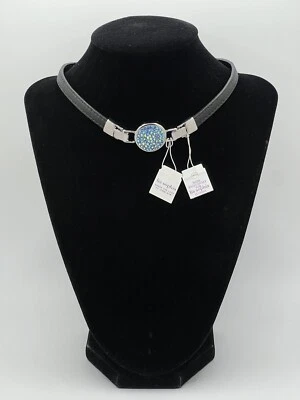 Lia Sophia NWT AB Blue Crystal Rhinestone Pendant & Faux Black Leather Choker - Image 1 of 4