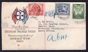 1946 Australia WWII Peace Victory QPS Registered FDC to South Africa - Picture 1 of 4