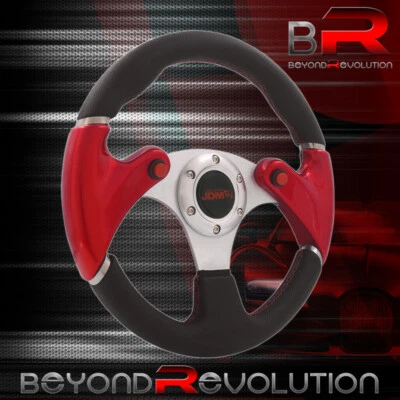 JDM 13" 6-Bolt Black PVC Red Handle Aluminum Steering Wheel +Dual Buttons - Image 1 of 4