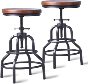 Vintage Industrial Bar Stool-Rustic Swivel Bar Stool-Round Wood Metal (Set of 2) - Picture 1 of 11