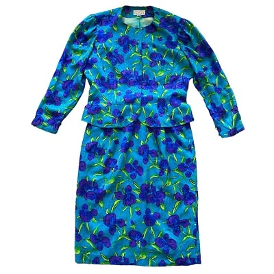 Traje Falda Chaqueta Vintage Adriana Papell 100 Seda L Floral Iris Diseñador Retro Foto 1 de 4