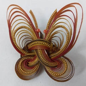 Vintage Natural Bamboo Butterfly Brooch Pin Dainty Red Orange Brown Gold Tone - Picture 1 of 6