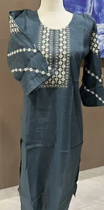 Indian Ethnic Blue Embroidered Rayon Kurta Kurti Tunic - Picture 1 of 4