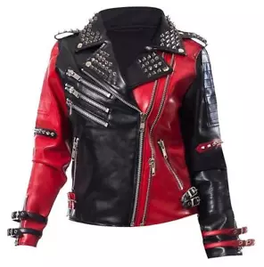 Harley Quinn Heartless Asylum Studded Biker Black & Red Leather Jacket For Women - Picture 1 of 3