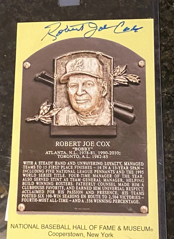 atlanta braves Mngr full name Robert Joe”bobby” Cox signed yellow HOF plaque Jsa - Image 1 of 2