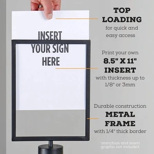 Black Metal Sign Holder Frame 8.5" x 11" for Stanchion Posts Crowd Line Control  - Picture 1 of 5