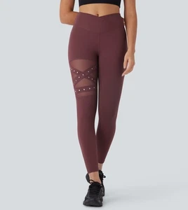 Halara High Waisted Crossover Contrast Mesh Studded Yoga Leggings Medium 7/8 - Picture 1 of 6