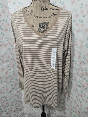 CROFT & BARROW, CAMISETA A RAYAS MANGA LARGA ALGODÓN TOSTADO/BLANCO NUEVA PARA MUJER, TALLA XXL Foto 1 de 4