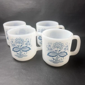 Set of 4 Glasbake White Milk Glass Mugs Cups Corelle Old Town Blue Onion VGUC - Picture 1 of 7