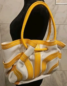 Kate Landry Cream & Yellow Leather Striped Shoulder Bag Preppy Y2K Summer Tote - Picture 1 of 17