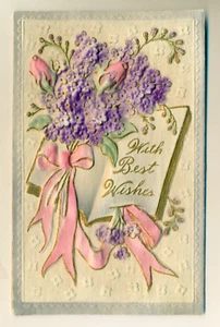 With Best Wishes Book Flowers Pink Ribbons Embossed VTG Postcard VPCO. - Bild 1 von 2