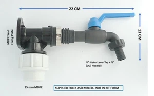 MDPE Compression Wall Plate Elbow (25mm) with 1/2" Nylon Lever Tap & Hose Tail - Picture 1 of 2