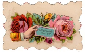 Vintage schöne viktorianische Karte mit verstecktem Namen Hope Sustain Thee Ever Note Rosen - Bild 1 von 2