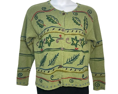 Cárdigan Tejido De Colección Y2K Curio Talla L Suéter Hoja Botones Naturaleza Bordado Verde Foto 1 de 4
