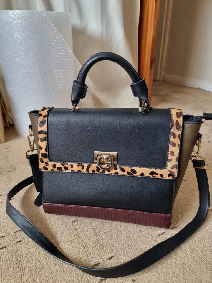 Atmosphere black, olive and brown handbag with leopard print zip & turn lock - Image 1 of 4