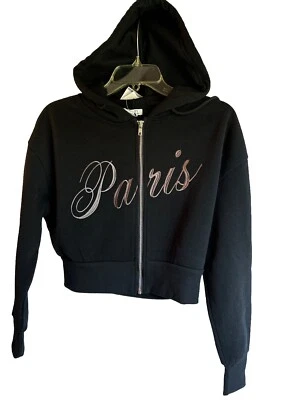Size Medium Paris Embroidered on Front Hoodie Black Zip Up Drawstring Rue 21 - Image 1 of 4