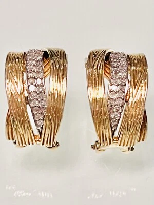 💎DIAMOND💎14KT/OVER 925 SS~TEXTURED HALF HOOP OMEGA BACK POST EARRINGS~EUC! - Image 1 of 4